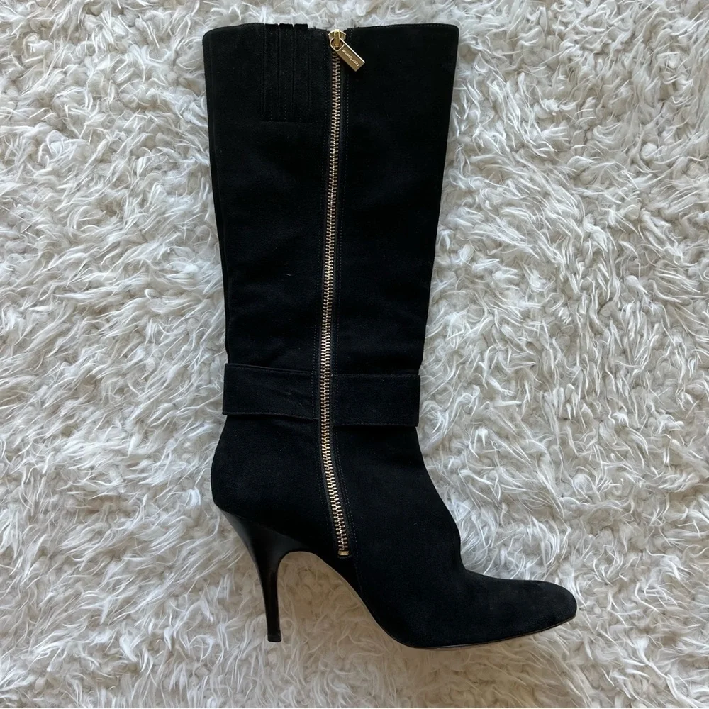 Michael Kors Caroline Suede Leather Boots‎ High Heel Black Size 8 Gold Logo Used